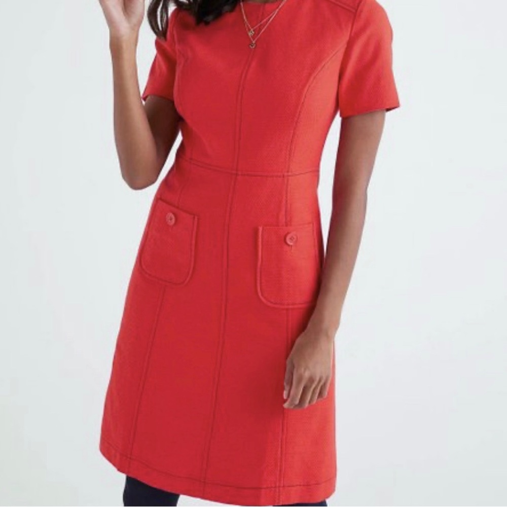 Boden sz 8 post box Clara red holiday dress w sleeves & contrast stitching